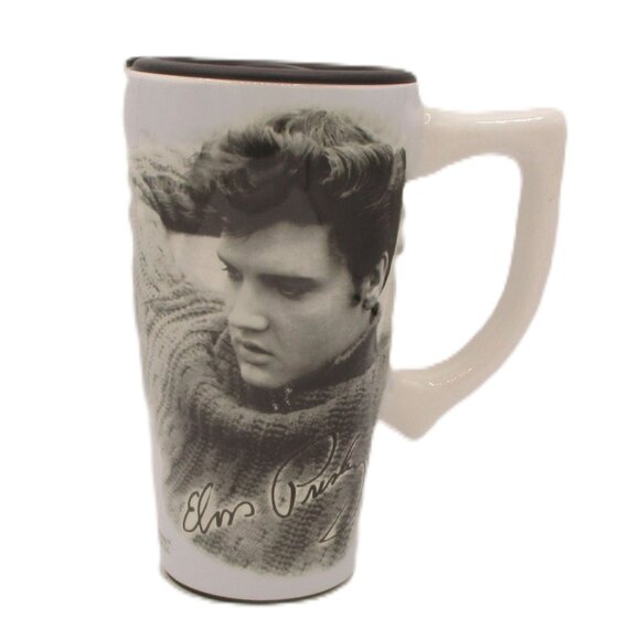 Elvis Presley 2015 Ceramic Travel Mug 16 Oz Black White Design Autograph Print - Picture 1 of 6